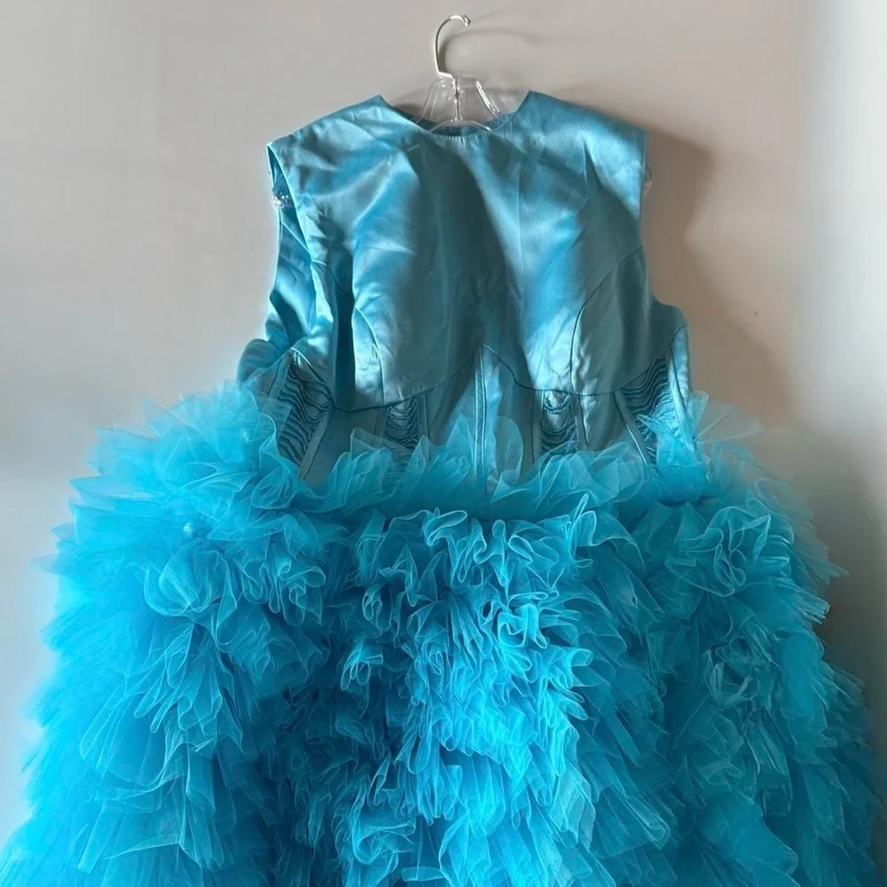 Statement Blue Ruffled Dress With Corset Back - Picture 2 of 3